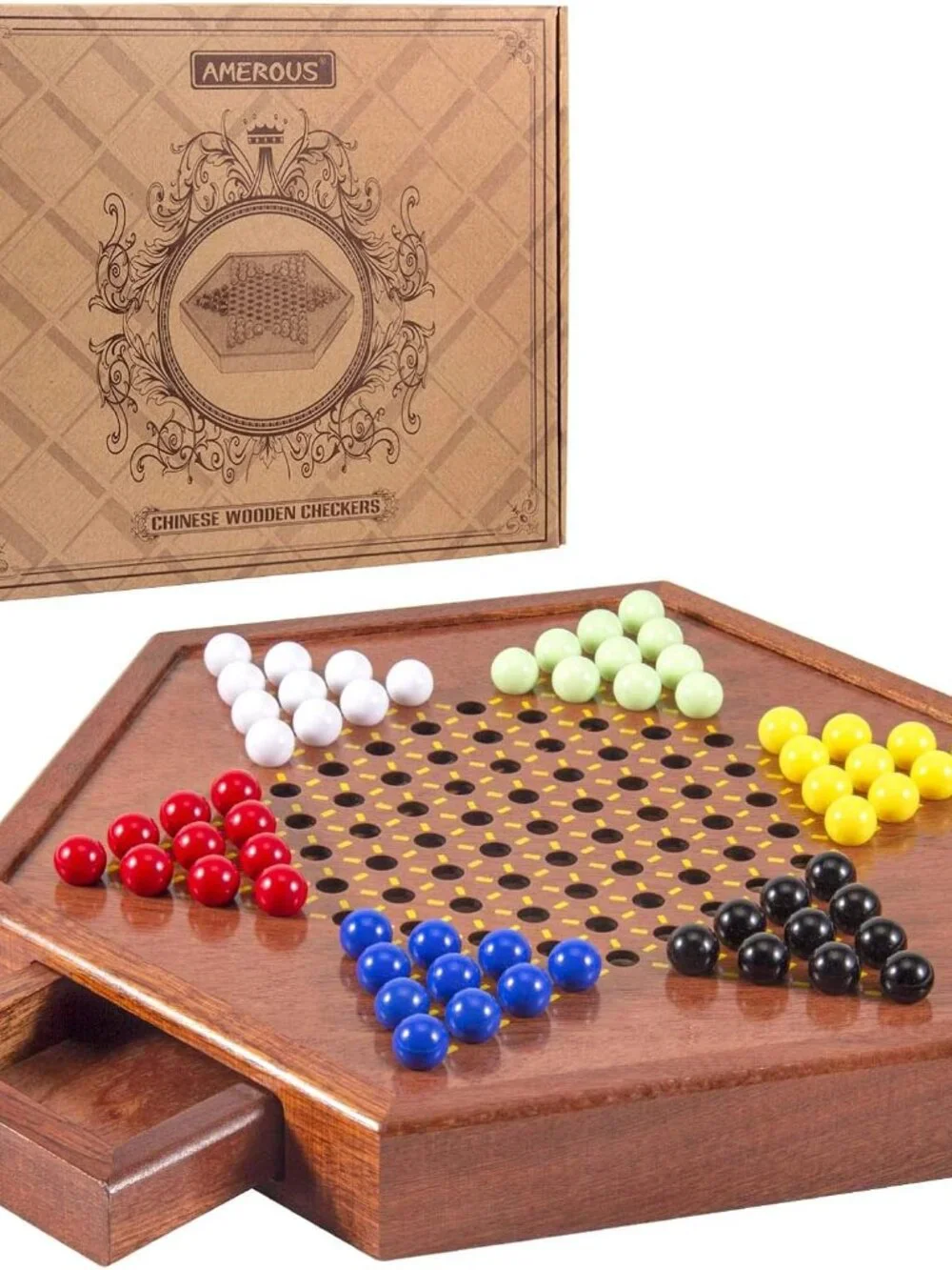 AMEROUS 12.5 inches Wooden Chinese Checkers Set with Storage Drawer - 60 Acrylic